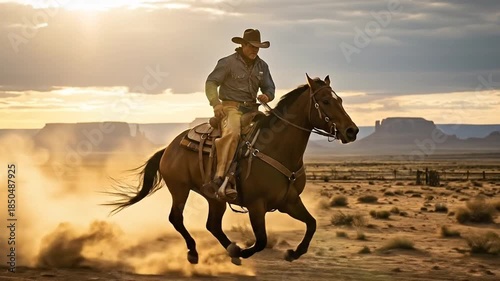 Wallpaper Mural Cowboy riding powerful horse through massive golden dust cloud Torontodigital.ca