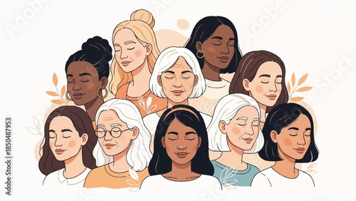 Diverse group of women of various ages and ethnicities, united by a sense of peace and reflection