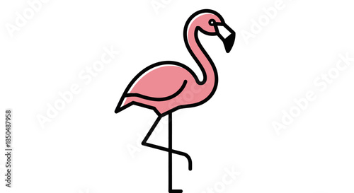 Minimalist Cartoon Illustration of a Pink Flamingo Standing on One Leg