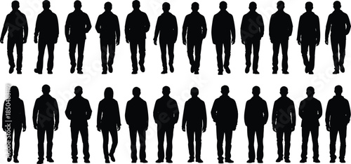 Collection of walking male silhouettes, business people crowd standing men black shadow figures, isolated human shapes set for urban lifestyle design, teamwork concept illustration