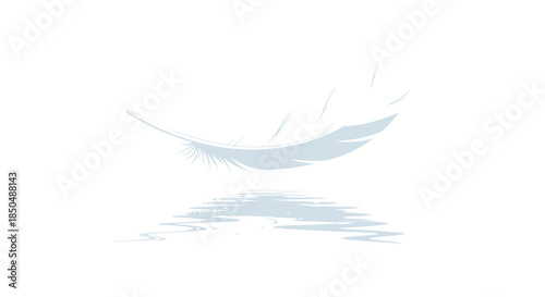 Minimalist illustration of a delicate feather floating above water with subtle reflections in