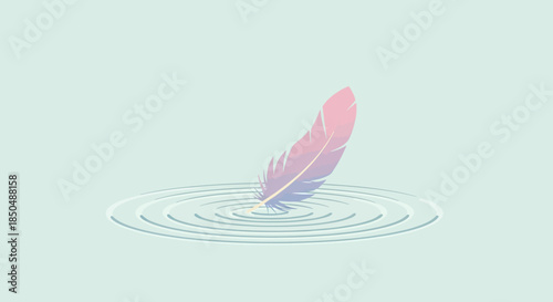 Minimalist illustration of a delicate feather gently floating on water with ripples in soft pastel
