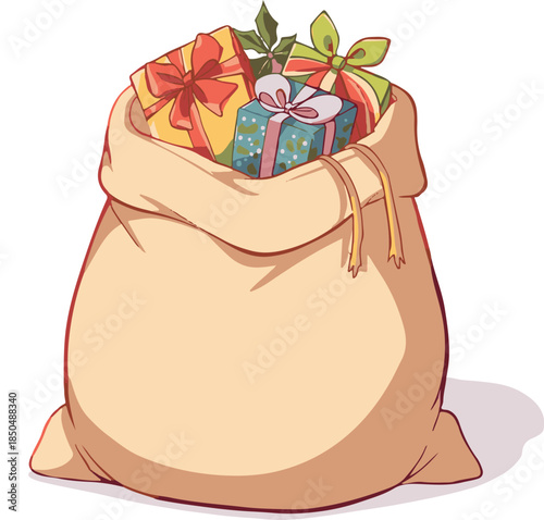 Full sack of festive presents with ribbons, a classic Christmas gift bag overflowing with holiday cheer and surprises for loved ones