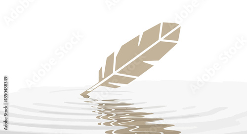 Minimalist Illustration of a Feather Floating on Water Surface in Neutral Tones