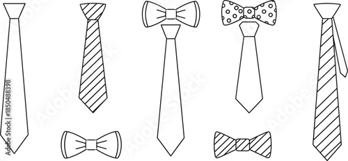Hand drawn necktie and bow tie collection, minimalist line art fashion accessories set, mens formal wear elements, business style illustration isolated on white