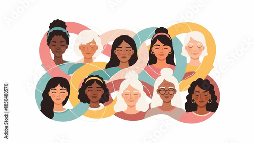 Diverse group of women in various skin tones and ages connected by abstract interwoven shapes, symbolizing unity and community