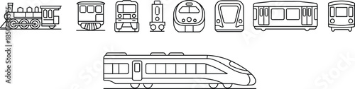 Modern train transport icons set, railway vehicles collection including locomotive metro subway tram high speed rail outline vector illustration design infographic public transit symbols