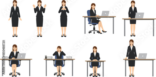 Professional businesswoman character poses, office work scenes, corporate employee actions, female manager illustration set, desk work, laptop usage, modern business concept