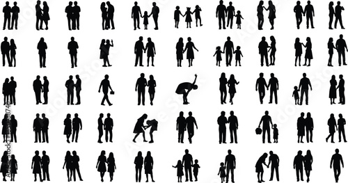 People silhouettes collection, family couple child icons, walking standing poses, black human figures set, social lifestyle diversity, crowd pictogram design, isolated illustration