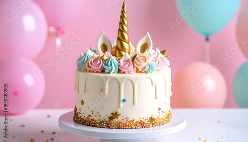 A whimsical confection featuring a golden horn and edible ears, decorated with pastel frosting. Balloons enhance the celebratory, magical atmosphere