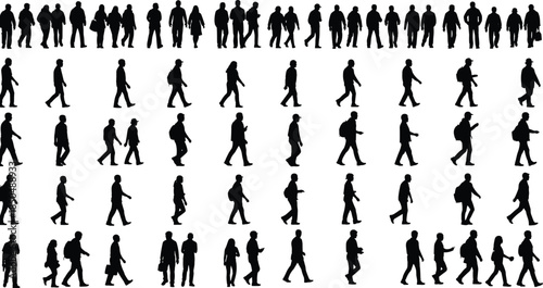 Walking people silhouettes set, crowd movement sequence, male female human figures, pedestrian poses, isolated black icons, urban lifestyle concept, animation reference collection