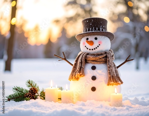 A whimsical snowman with a top hat and scarf stands in a snowy scene, candles glowing at its feet. The background shows trees and bokeh lights