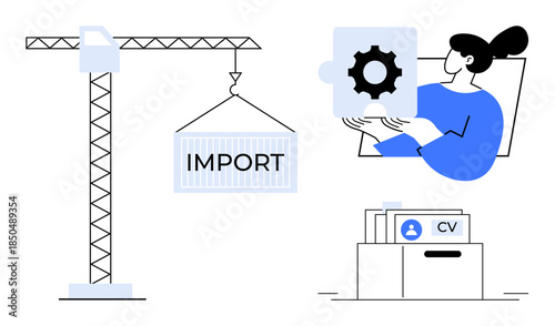 Import management. Import process illustrated with a crane and cargo. Import gears linked to recruitment and job applications for global hiring. Ideal for logistics, HR solutions, and recruitment