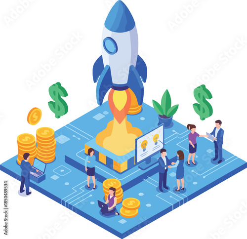 Isometric Vector Illustration of Business Startup Project Launch and Funding