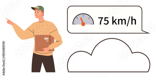 Delivery worker with parcel pointing at speedometer and speech bubble. Ideal for logistics, shipping, speed, punctuality, transportation, customer service, efficiency. Simple flat metaphor