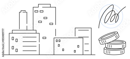 Urban economy, financial transactions, real estate, corporate approval, business growth, investment. Outline of cityscape with coins and a signature. Urban economy and financial transactions theme