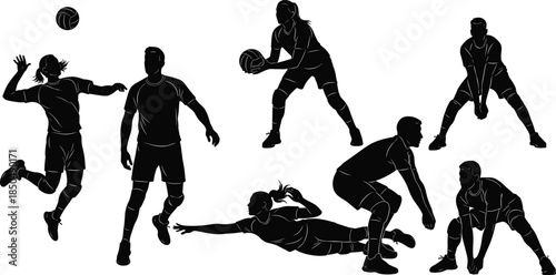 Volleyball Player Silhouettes Vector Set, Dynamic Collection of Male and Female Athletes in Action, Ideal for Sport, Competition, Beach Game, Team Logos, and Championship Graphics.