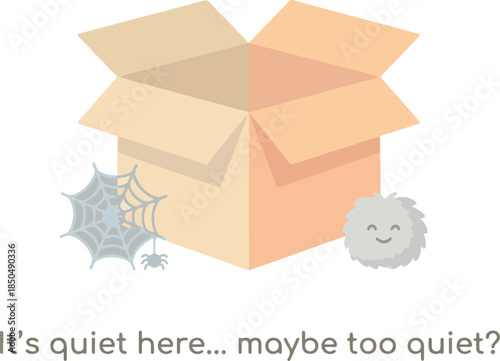 Empty State Vector Illustration: Quiet Cardboard Box with Spider Web and Dust Bunny