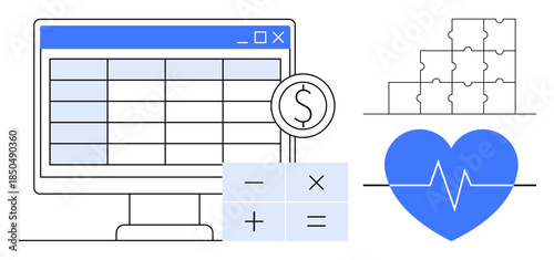 Finance and healthcare data. Finance tools and symbols for managing financial records alongside healthcare and heartbeat illustrations. Finance connecting industries. For fintech, health tech, data