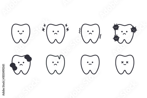 Tooth cartoon character collection. Clean and sick decayed teeth. Healthcare, dental, medicine, treatment, hygiene, oral care concepts. Colored outline vector design isolated illustration.