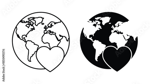 Earth with heart icons -  Vector icon set - Line and glyph solid icon set - Icon vector - Flat Design Icon - Solid icons vector collection - Blue icon set 