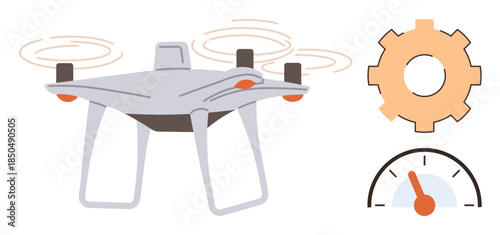quadcopter in flight with propellers spinning, accompanied by a gear and speedometer. Ideal for technology, innovation, aviation, robotics, automation, navigation and efficiency themes. Simple flat