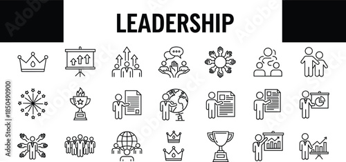 Leadership icons set showcasing teamwork, guidance, motivation, business management, global strategy, presentation skills, success awards, professional development, corporate growth