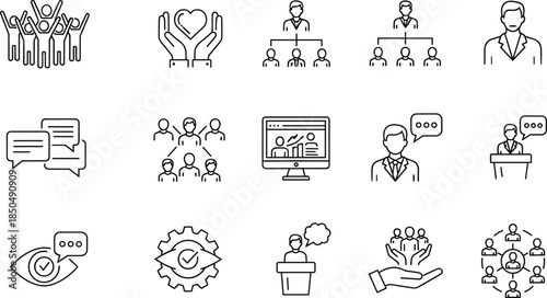 Leadership icon set, teamwork, communication, support, organizational structure, public speaking, analytics, planning, minimal line style, vector symbols