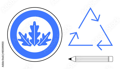 Sustainability, recycling, environmental awareness, eco-design, green programs, education. Circular leaf badge, recycling triangle pencil. Sustainability and recycling concepts for eco-design