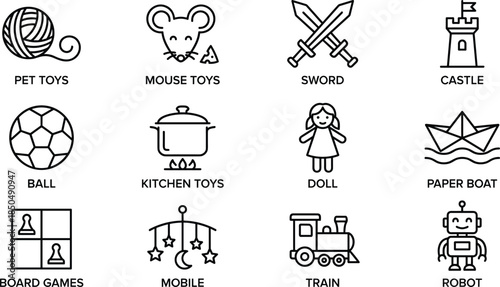 Kids toy line icons set featuring pet toys, doll, robot, train, castle, ball illustrations for children play education design