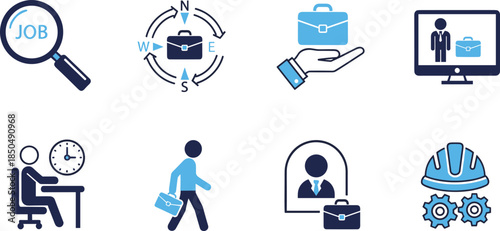 Job search and employment icons set illustrating career opportunities, recruitment process, workplace concepts, professional growth, online hiring, business occupation symbols