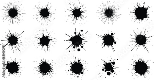 Ink splatter vector collection featuring grunge paint drops, abstract splash shapes, artistic blot elements, distressed texture design set for graphics