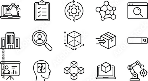Industry and technology line icon set featuring automation logistics data workflow manufacturing analytics innovation supply chain systems