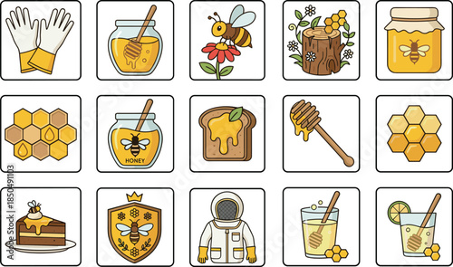 Honey and beekeeping icon set, sweet food elements, bee symbols, apiary tools, honeycomb graphics, flat vector illustration pack