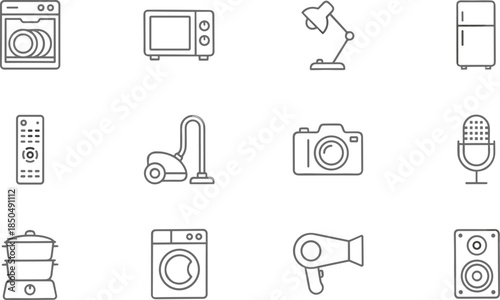 Home electronics line icons set for household appliances camera audio kitchen vacuum refrigerator lighting devices
