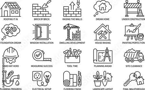 Home construction process line icons set illustrating building stages planning tools installation finishing renovation housing development concept