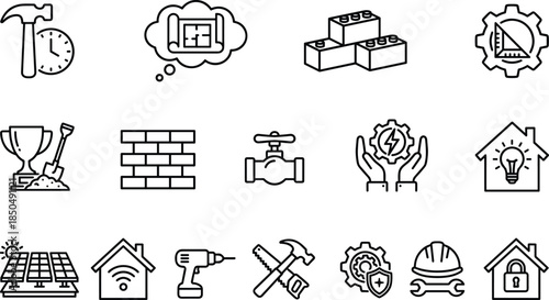 Home construction and building services line icons set featuring tools utilities smart home energy safety renovation concept