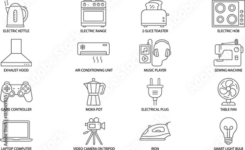 Home appliance line icons set for electric kitchen devices electronics music gaming sewing lighting household equipment