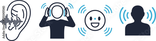 Hearing icons, sound perception vector, audio experience, headphones, communication symbol, listening concept, sensory design, waveform, flat illustration, silhouette