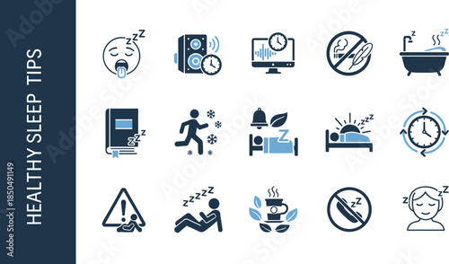 Healthy sleep tips icon set with relaxation, bedtime routine, good habits, nighttime wellness, sleep hygiene symbols for health, lifestyle and wellness education