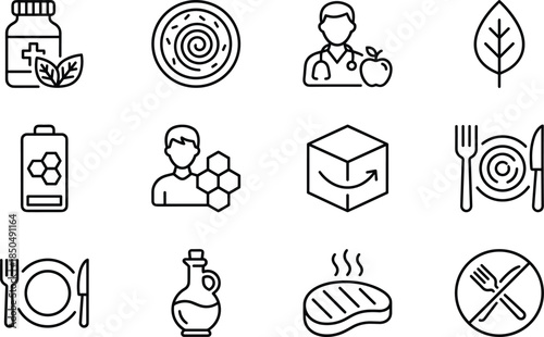 Healthy nutrition and wellness line icons set with supplements diet food medical care natural lifestyle vector illustration