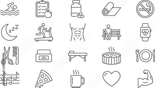 Healthy lifestyle and wellness line icon set featuring fitness nutrition sleep yoga medical care relaxation habits symbols daily selfcare routine
