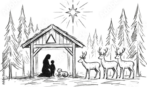 Hand drawn nativity scene illustration with Mary Joseph baby Jesus manger star deer winter forest Christmas religious sketch art holy