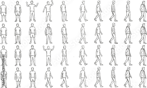 Hand drawn male walking animation poses set, showing character movement gestures steps storyboard sketch frames for motion design reference pack