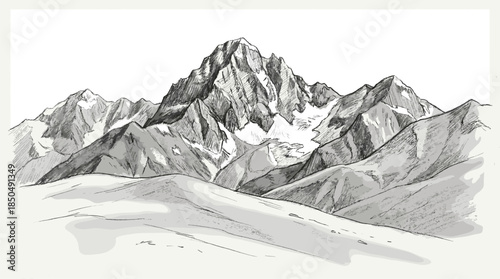 Hand drawn mountain landscape sketch illustration, dramatic alpine peaks, minimalist ink drawing, nature art background for wall decor, print design