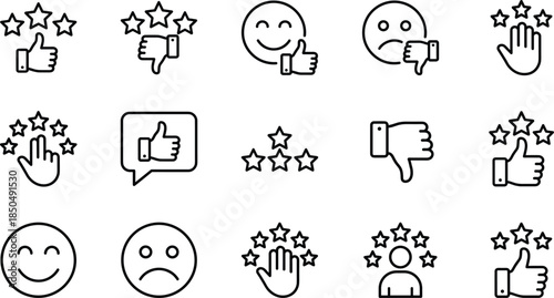 Customer feedback rating line icons set with thumbs up down stars smile sad faces for reviews satisfaction evaluation and reputation