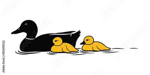 A white duck swimming happily with her cute little yellow ducklings
