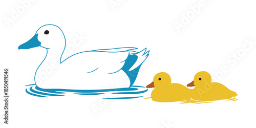 A white duck moving gracefully in the water with her adorable yellow ducklings
