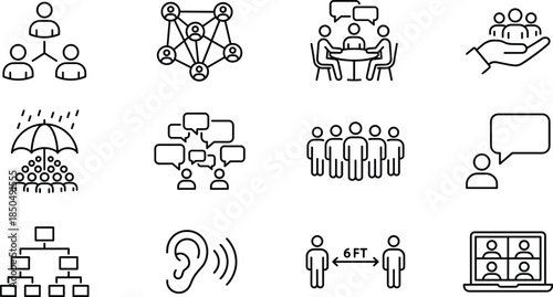 Community communication icons set featuring teamwork, networking, collaboration, social distancing, online meeting, support, leadership, group interaction, management, discussion, connection, people