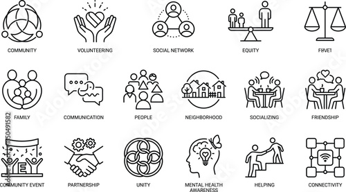 Community and social values line icon set, illustrating volunteering equity unity communication friendship mental health support connectivity concept design